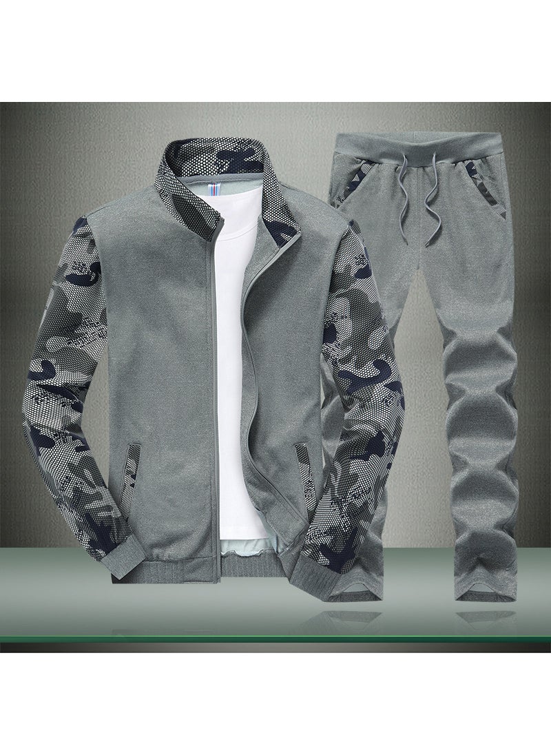 Mens Spring Autumn Camo Sleeve Tracksuit Dark gray