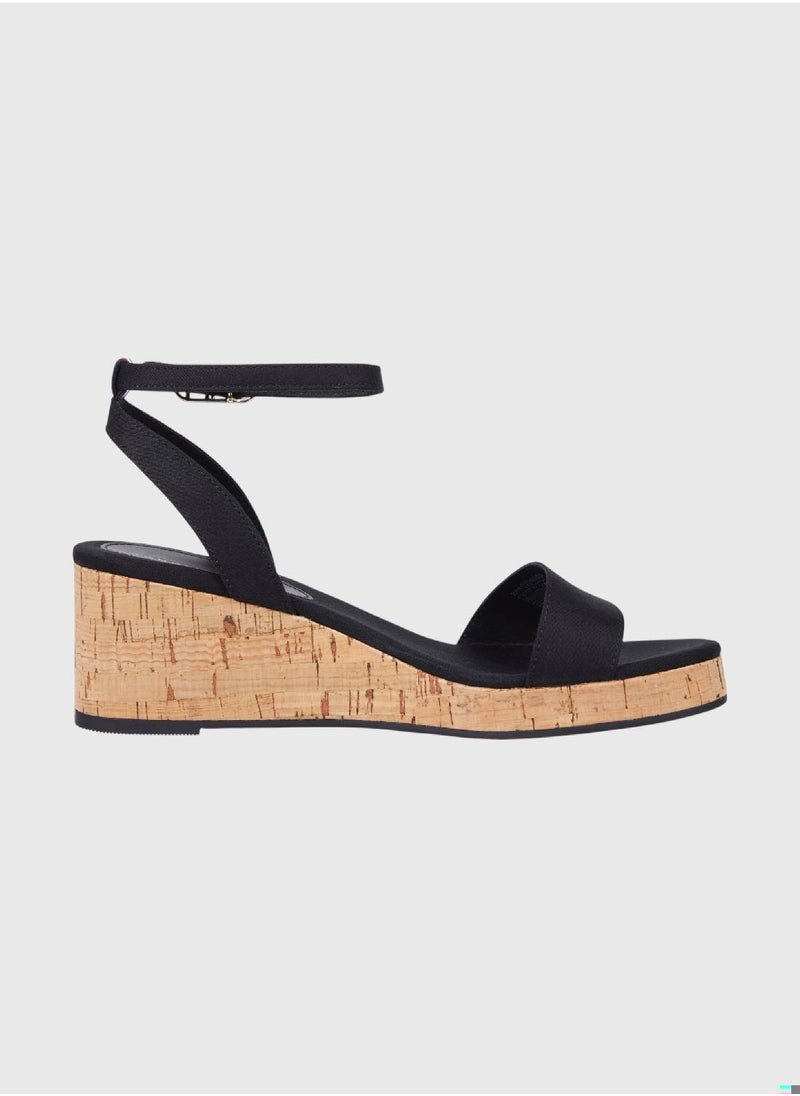 Women's Cork Mid Wedge Sandals - Cotton, Black