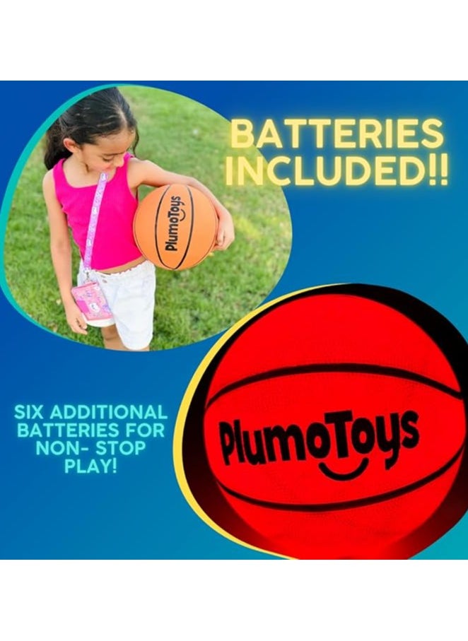 Plumotoys Glow in The Dark Basketball for Teen Boy | Glowing Red Basket Ball, Light Up LED Toy for Night Ball Games | Size 7 Sports Stuff & Gadgets for Kids Age 6 Years Old and Up