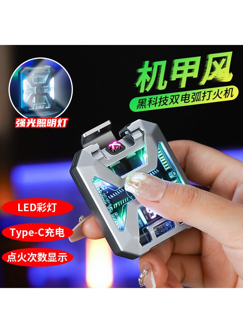 1 x 5 pcs New Mecha Dual Arc Windproof Lighter with Cool LED Silver