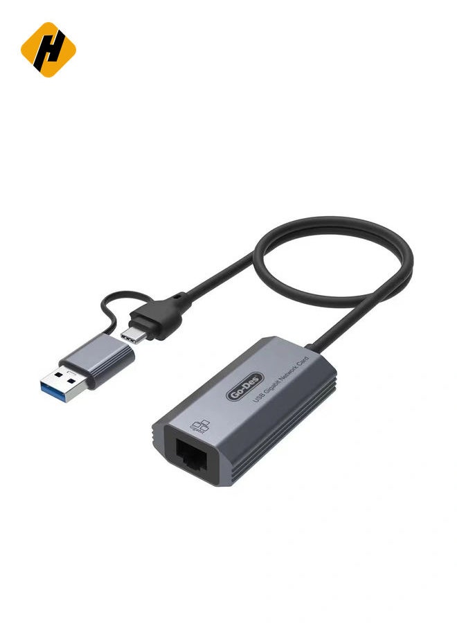 Go Des GD-6836 RJ45 to Type-C and USB-A Gigabit Ethernet Converter Cable 1000Mbps 50cm