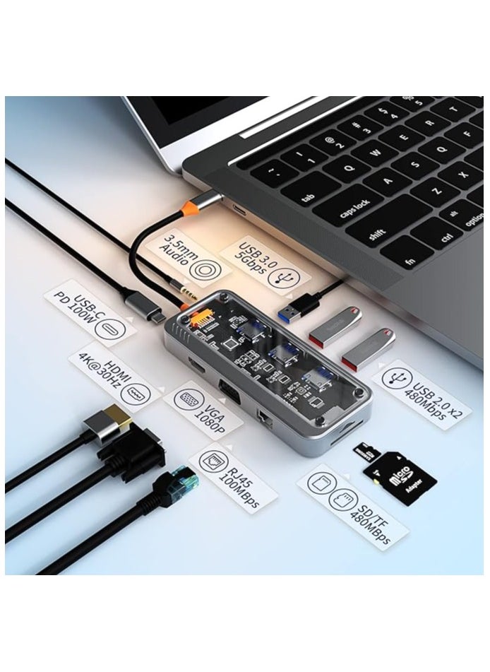 USB C HUB, 10-in-1 USB C Adapter Docking Station with 4K HDMI, VGA, Type C PD, USB3.0, RJ45 Ethernet, SD/TF Card Reader, 3.5mm AUX, Multiport Adapter for MacBook Pro/Air, XPS, Type C Devices