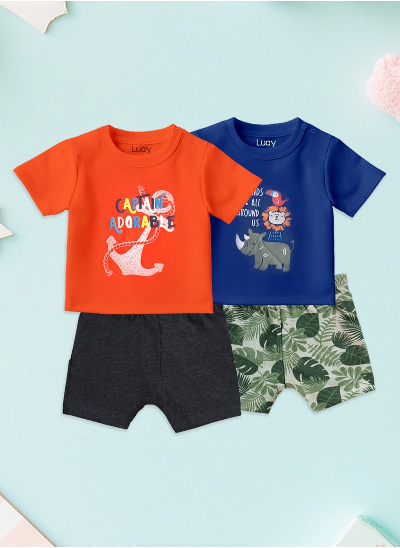 LUAY 100% Organic Cotton Baby Boy & Girls Clothing Set Short Sleeve Kids Clothes Boys & Girls Toddler Short Set Cute Animal Print Combo Pack Of 2 Top and Shorts Outfit For New born