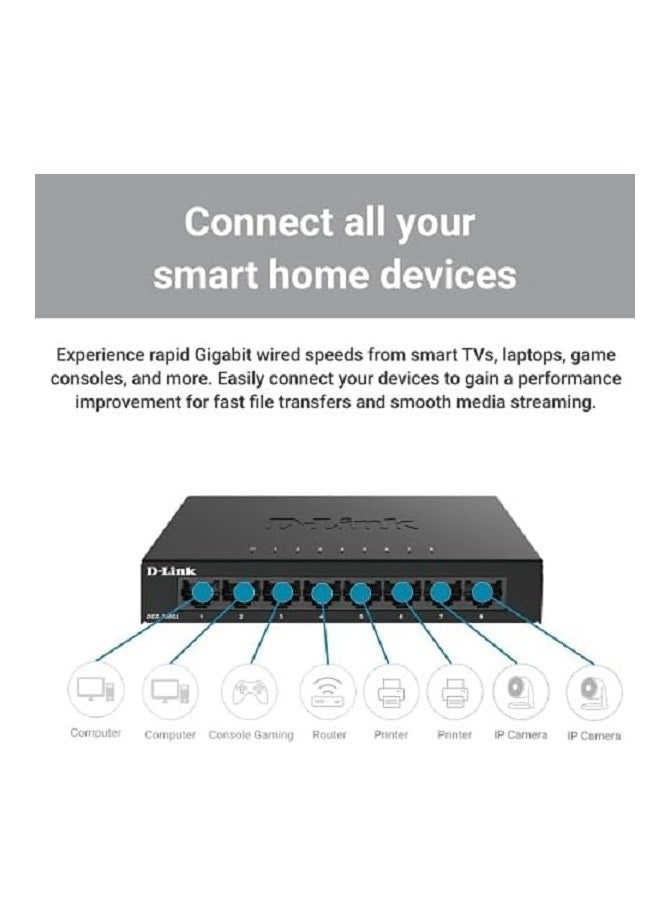 D-Link Ethernet Switch, 8 Port Gigabit Unmanaged Desktop Plug and Play Sturdy Metal Housing Fan less Design EEE (DGS 108GL)