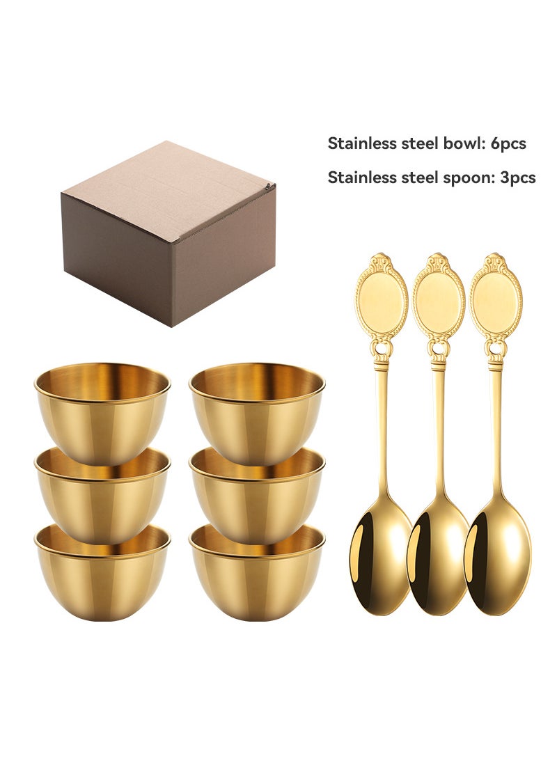 Stainless Steel Gold Dipping Bowl Set with Spoon Golden 9-piece set (6 small bowls +3 spoons)