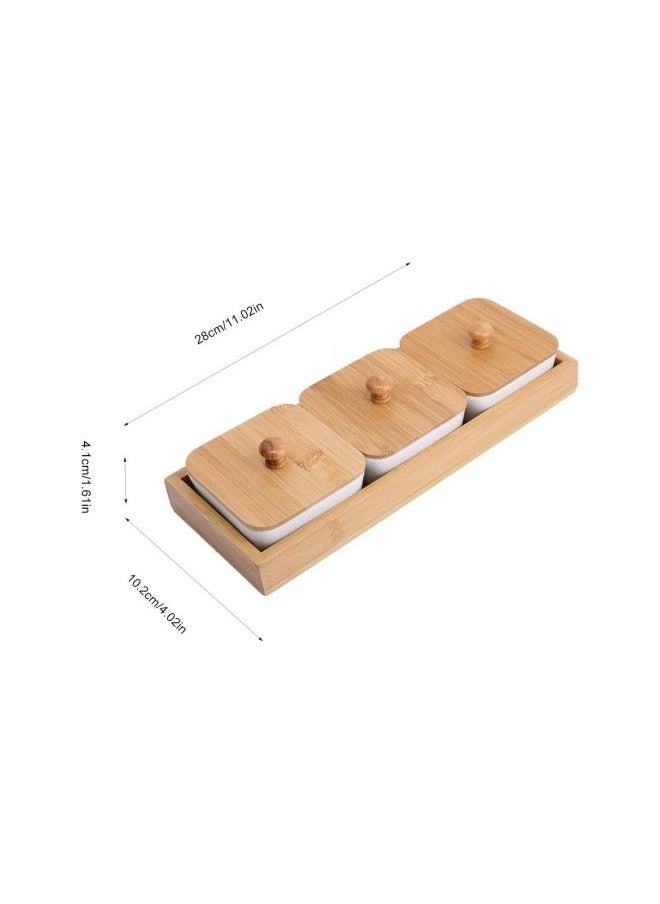 3pcs Snack Serving Platter with Wooden Tray, Ceramic Nuts Fruits Appetizer Serving Plate Sauce Dish for Home Restaurant Party, 11 x 4 x 1.6 in