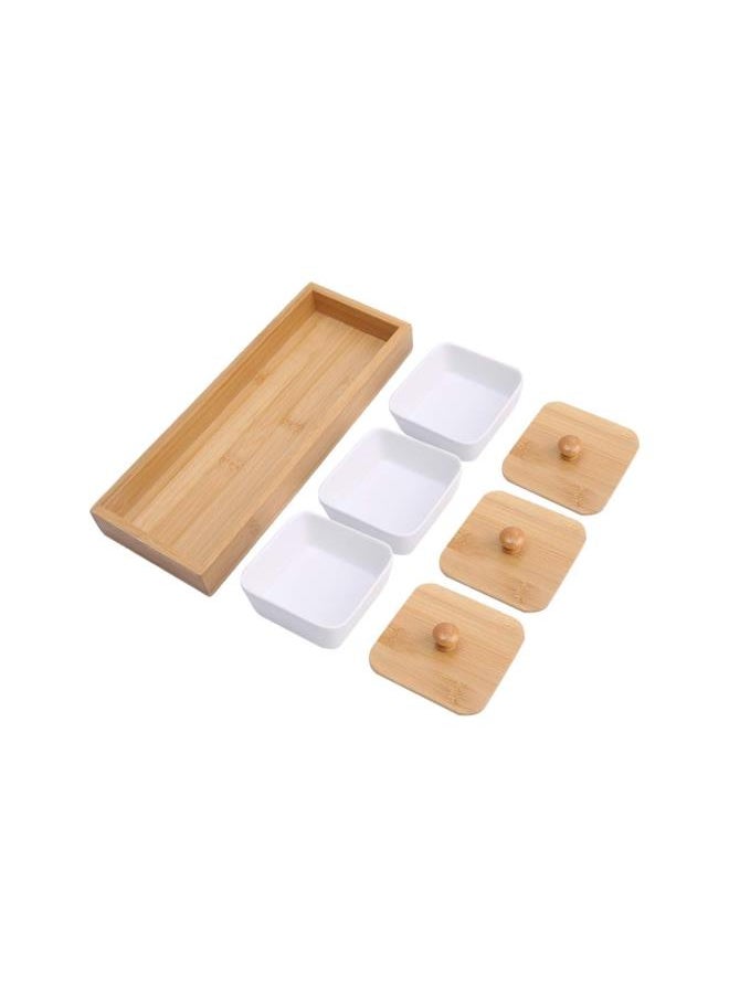 3pcs Snack Serving Platter with Wooden Tray, Ceramic Nuts Fruits Appetizer Serving Plate Sauce Dish for Home Restaurant Party, 11 x 4 x 1.6 in