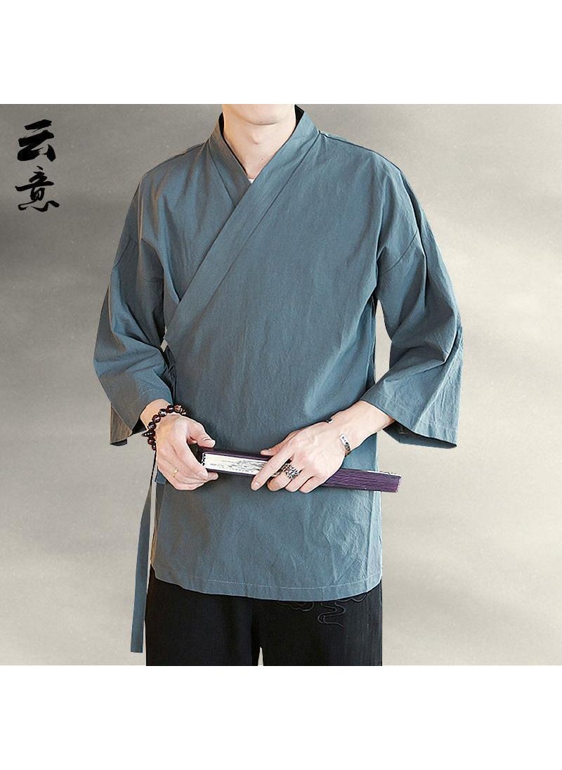 Mens Summer Chinese-Style Hanfu Cotton Linen Robe Black