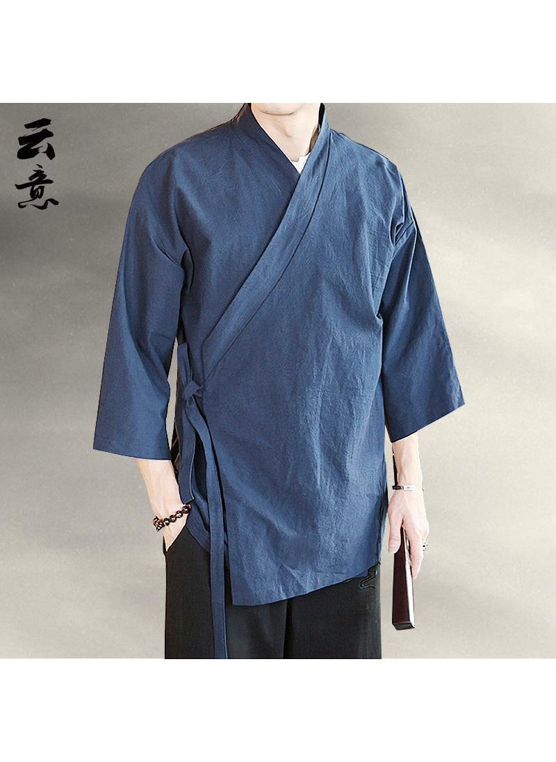 Mens Summer Chinese-Style Hanfu Cotton Linen Robe Black