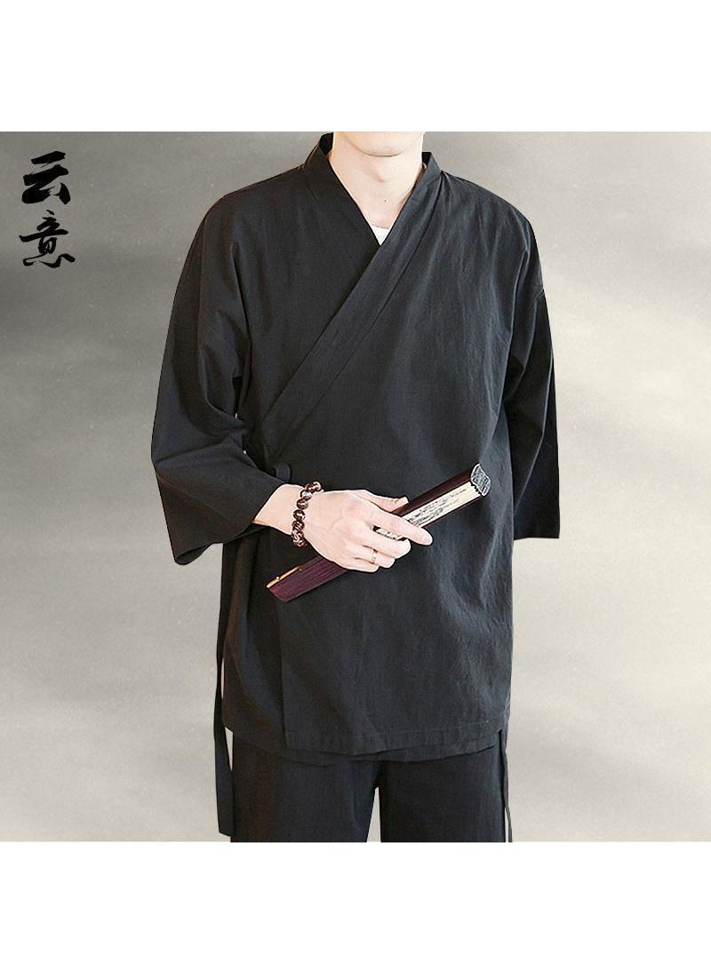 Mens Summer Chinese-Style Hanfu Cotton Linen Robe Black