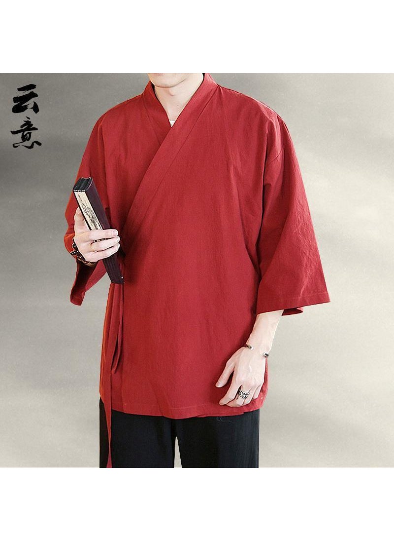 Mens Summer Chinese-Style Hanfu Cotton Linen Robe Black