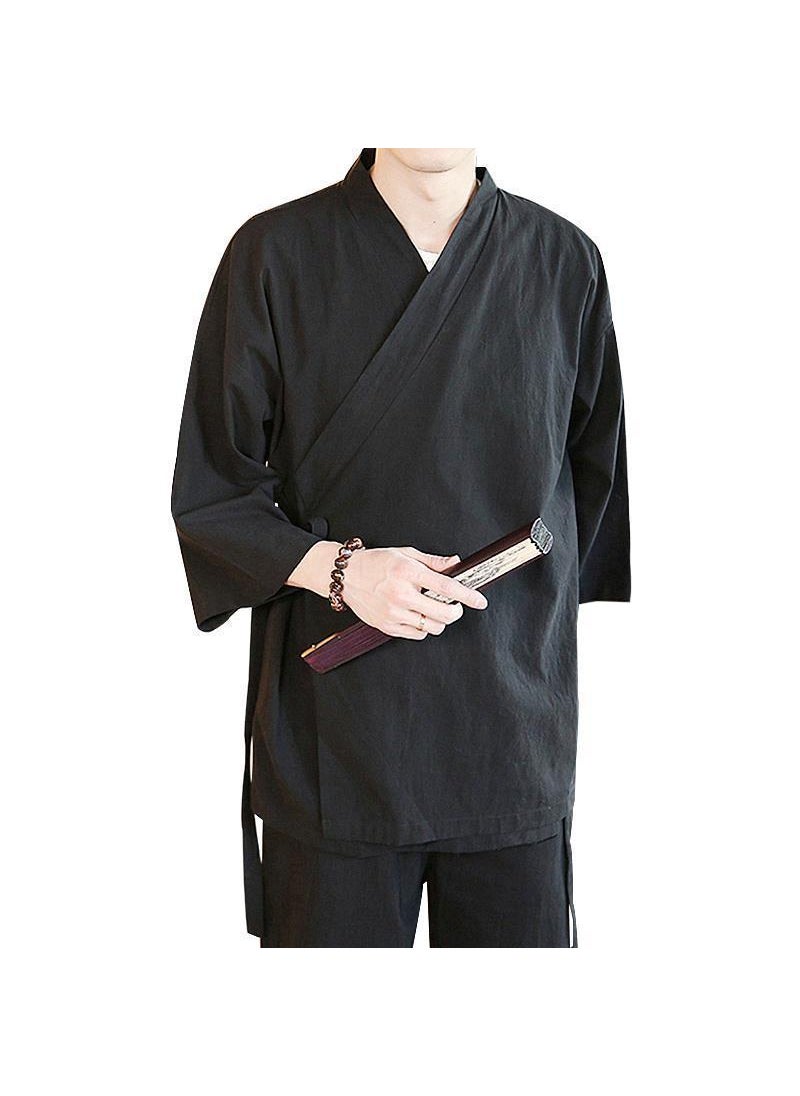 Mens Summer Chinese-Style Hanfu Cotton Linen Robe Black