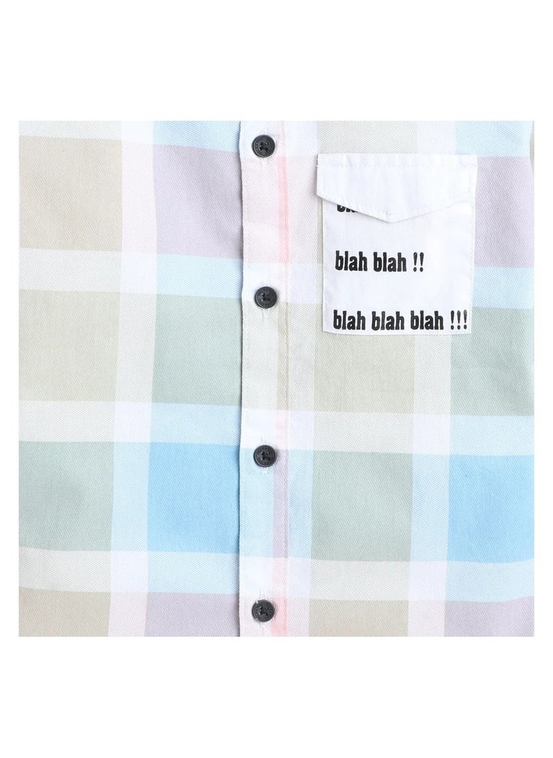 Polka Tots Full Sleeves Big Check Shirt With Blah Blah Pocket Print - Cream and Green