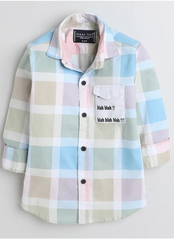 Polka Tots Full Sleeves Big Check Shirt With Blah Blah Pocket Print - Cream and Green