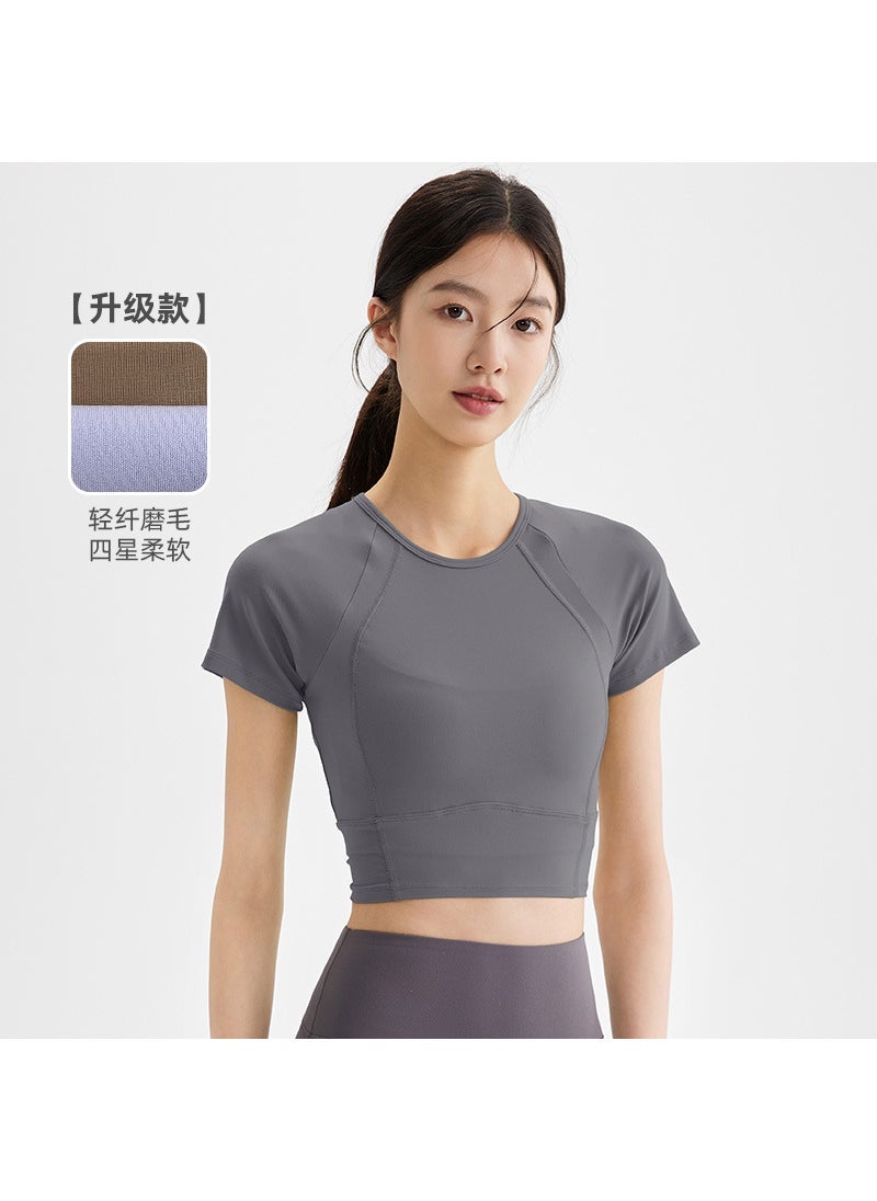 Autumn New Yoga Clothes Blouse Sports Tights Short-sleeved T-shirt Womens Slim-fit Short Naked Quick-drying Fitness Clothes Titanium Grey [Upgrade]]