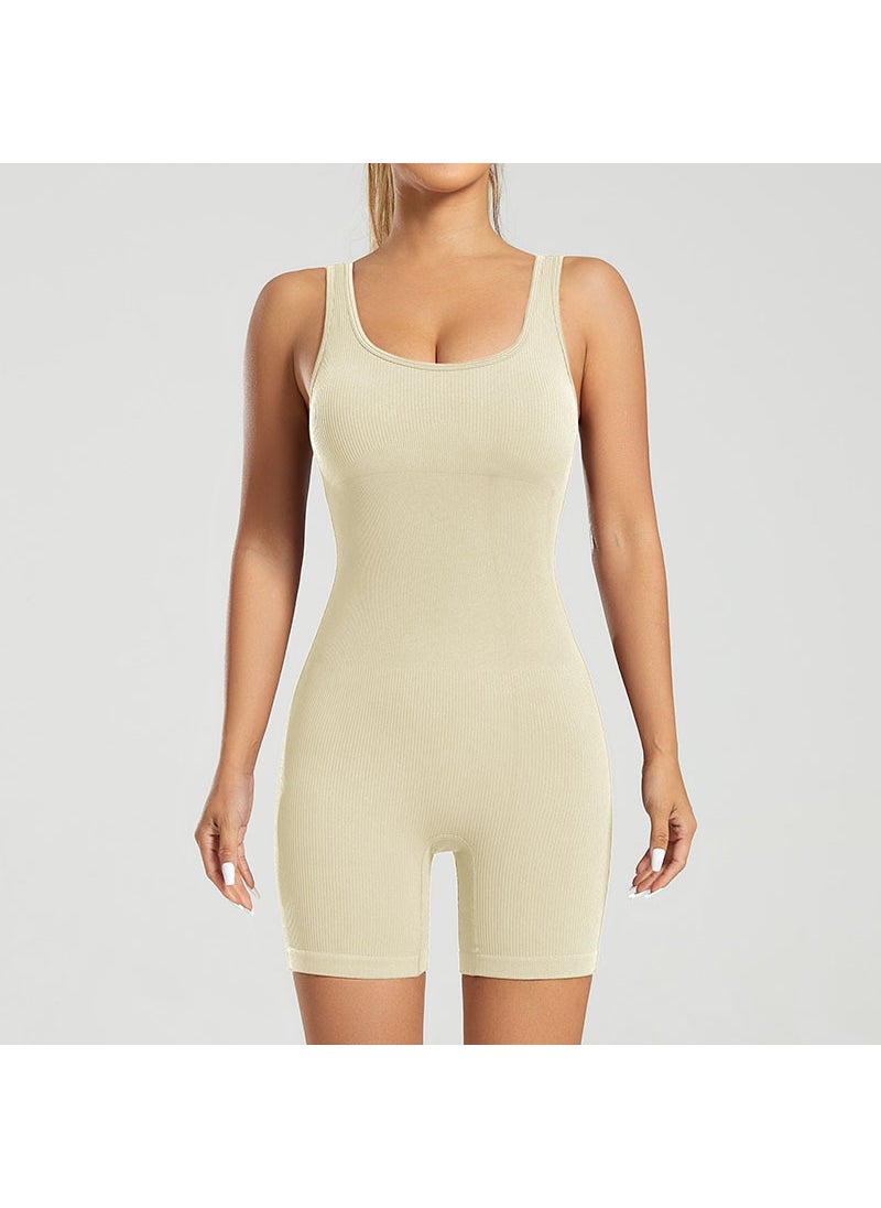 Seamless Yoga Bodysuit Quick-Dry Running Activewear Beige-solid color one-piece shorts