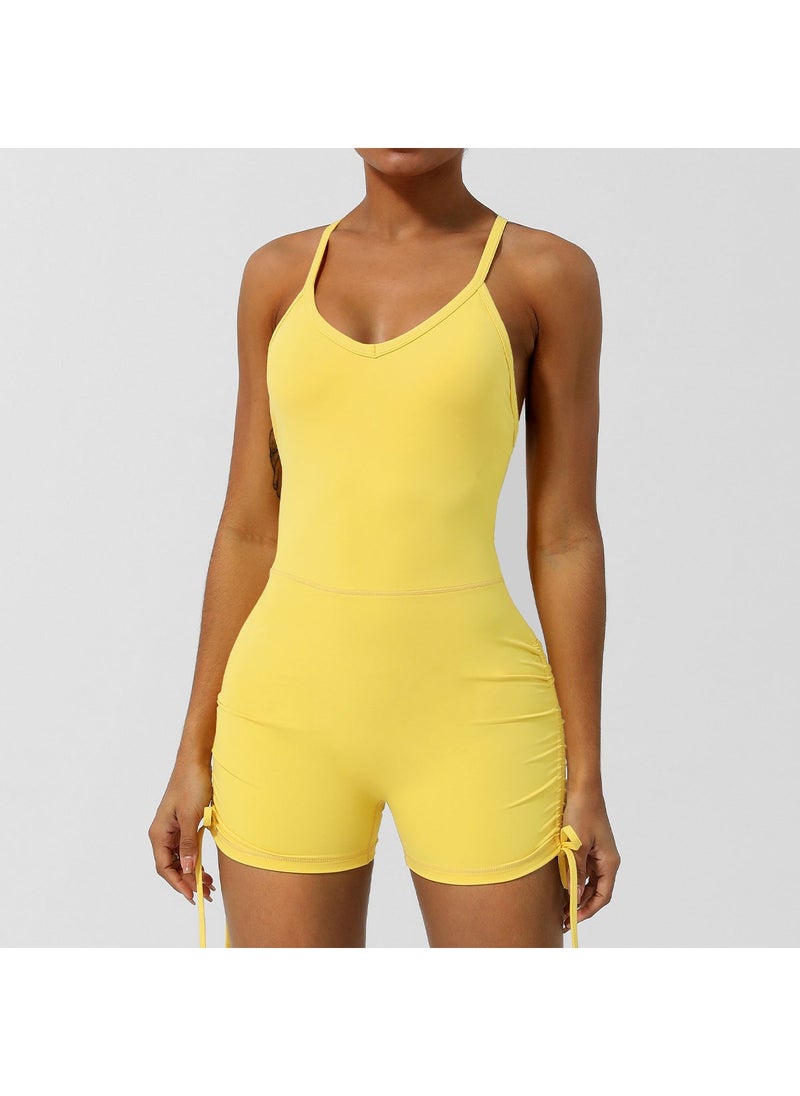 V-Neck Crossover Back Yoga Bodysuit with Pad lemon yellow