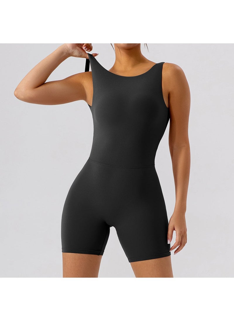 Seamless Backless Yoga Bodysuit with Shorts for Women Mysterious Black