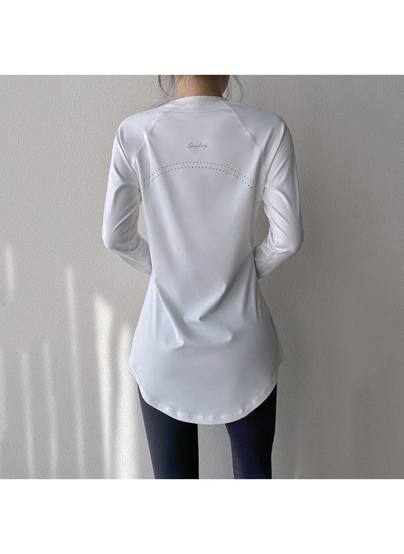 Spring and Summer Long Hip Covering Slimming Style Beautiful Back Breathable Yoga Suit Long Sleeve Running Fitness Sportswear T-shirt for Women White spot