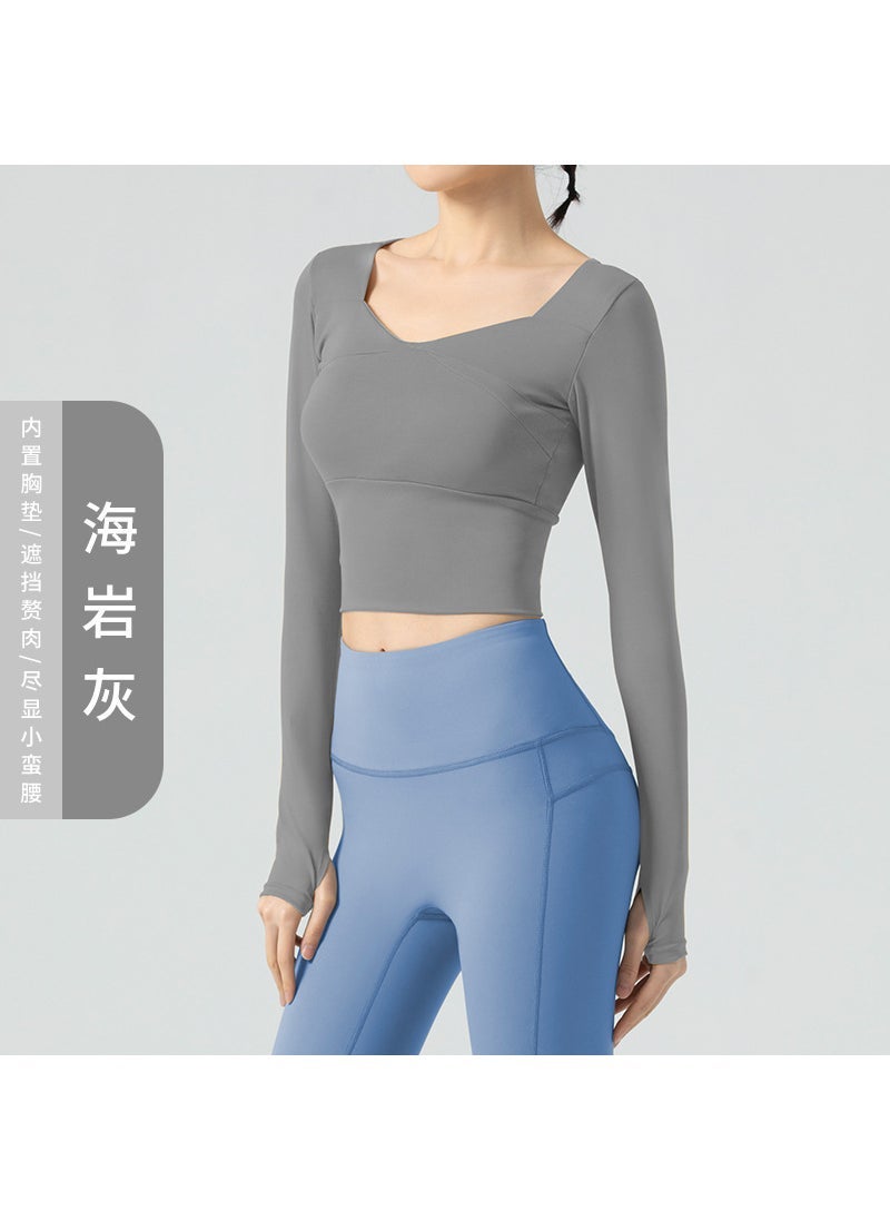 Slim Fit Lemon Yoga Top with Pads Sea Salt Ash