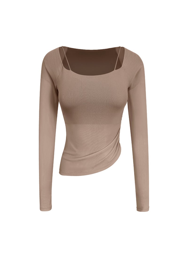 Womens Mesh Yoga Top Slim Fit Long Sleeve Sports Tee Cocoa long sleeve