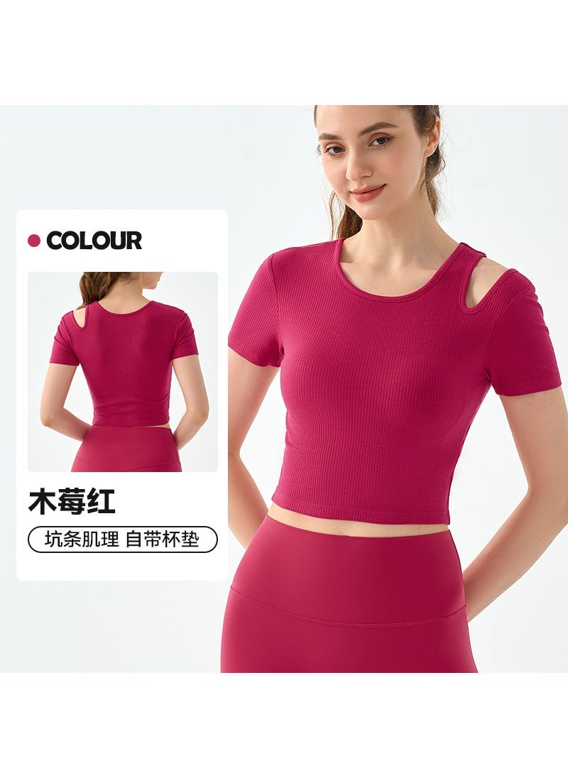 Ribbed Gym Top with Removable Pads Short Sleeve Yoga Tee for Women Raspberry Red