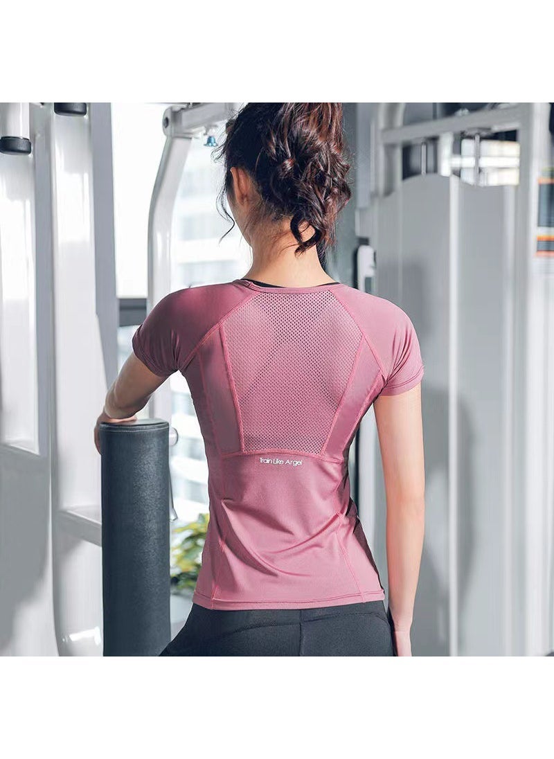 Summer Sports Short Sleeve Quick-Dry Womens Yoga Top shallow powder