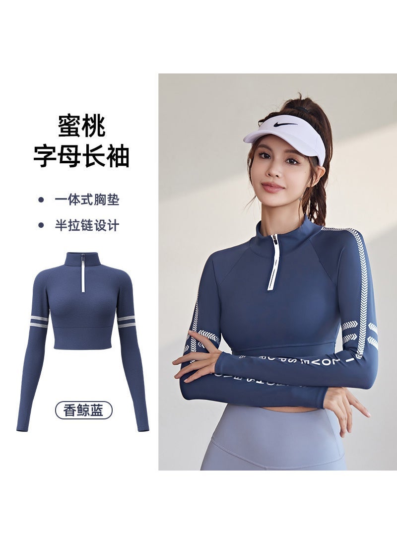 New High-Elasticity Yoga Top with Letter Print Fragrant whale Blue