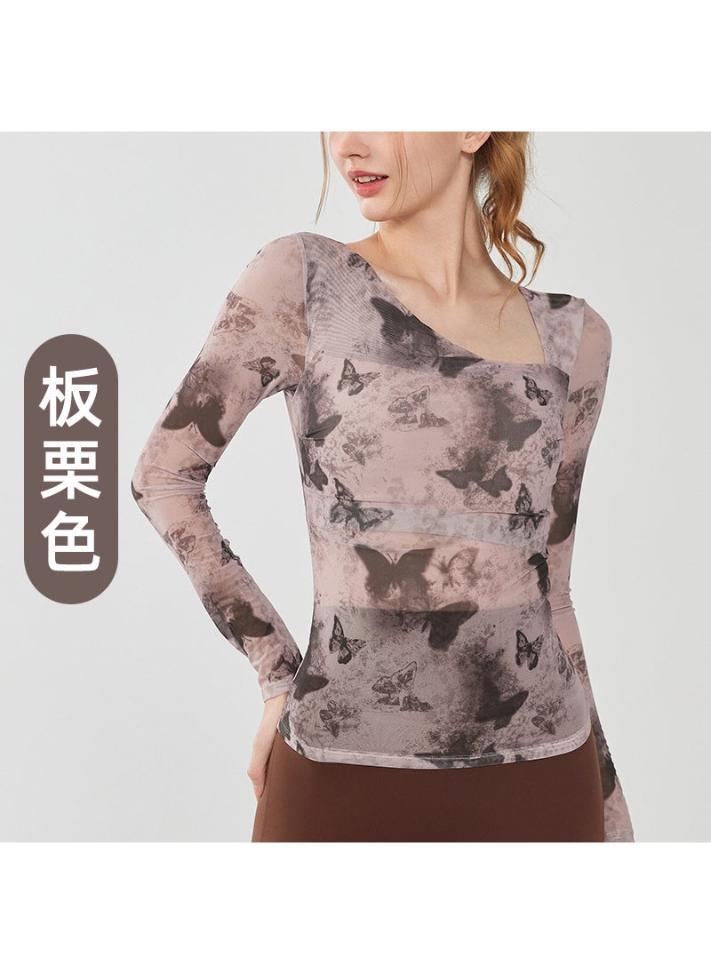 Ink Print Mesh Yoga Shirt Long Sleeve with Pad chestnut