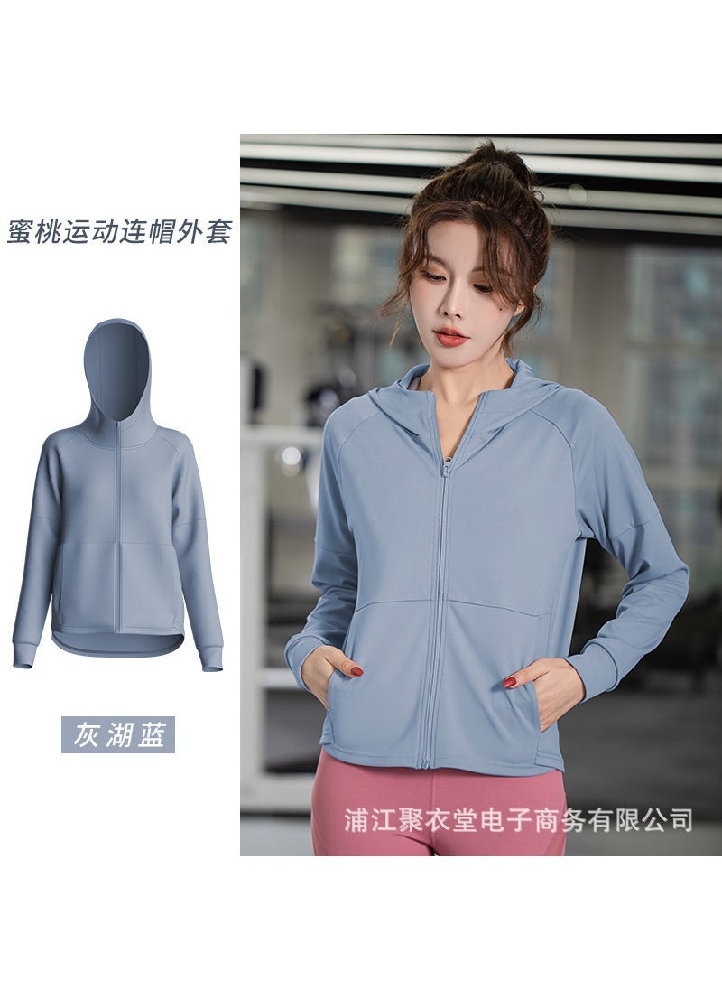 Juyitang Internet Celebrity Loose Top Yoga Clothes Fitness Running Quick-drying Sportswear Hooded Cardigan Sports Jacket Gray Lake Blue