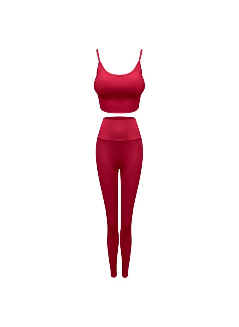 Summer Yoga Set Women Breathable Sports Bra Fitness Outfit Red vest-red trousers