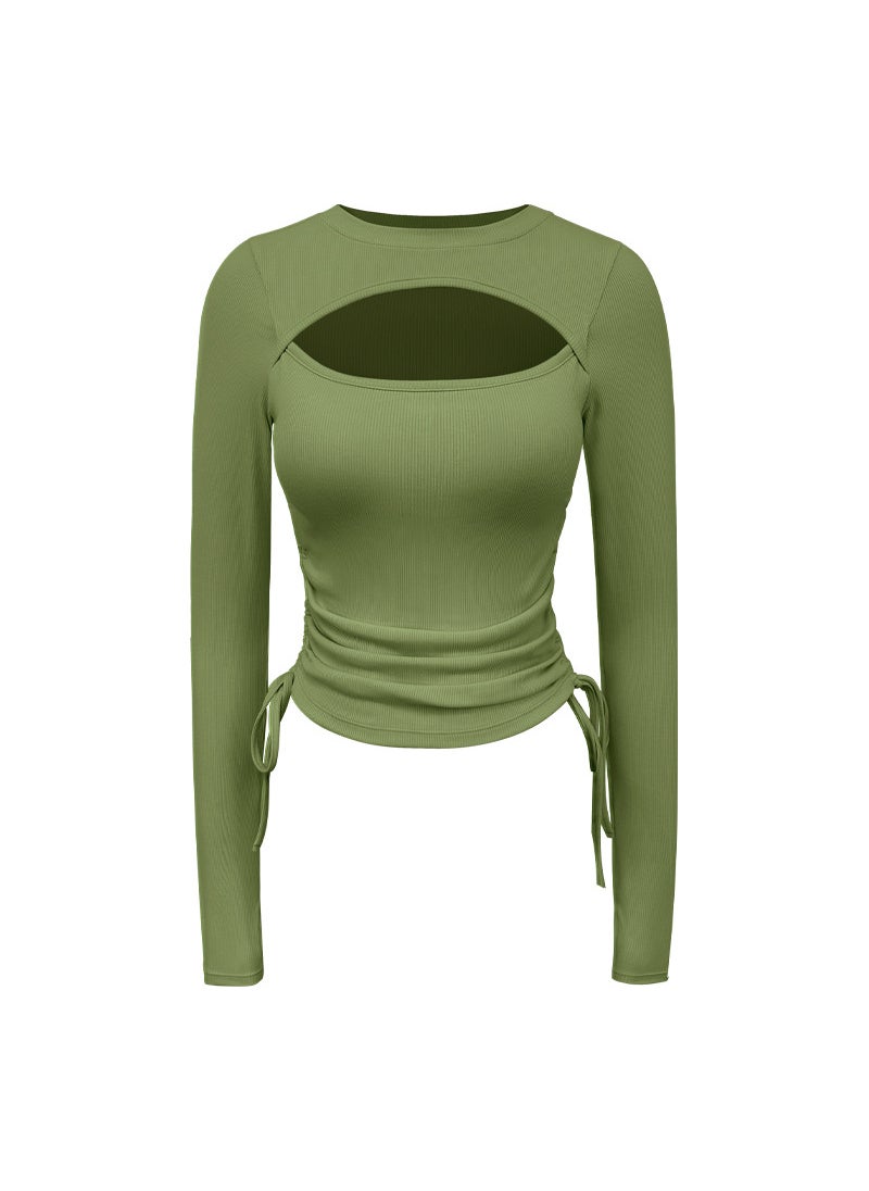 New Yoga Top Knit Hollow-Out Drawstring Slimming Tee Avocado color long sleeves