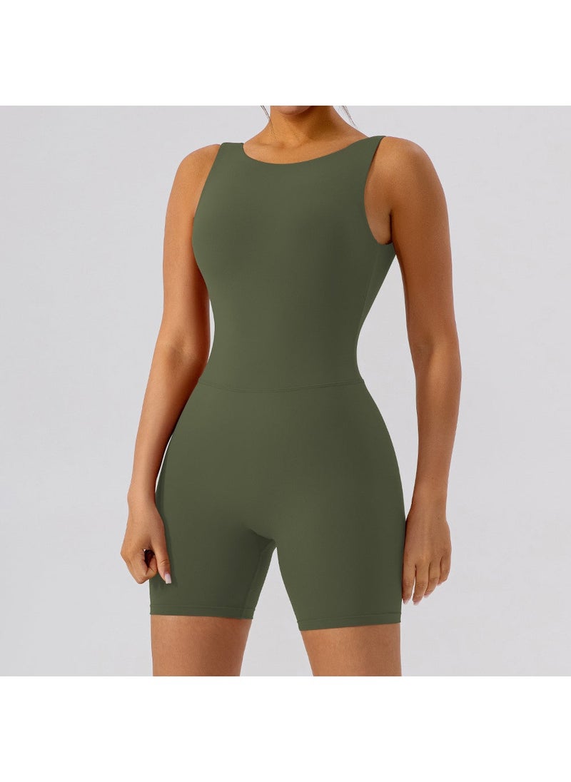 Seamless Backless Yoga Bodysuit with Shorts for Women Army Green