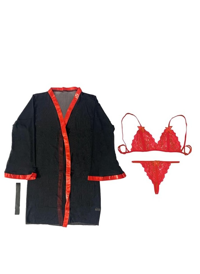 Women Nightwear Robe with Lace Bra Panty Lingerie Set