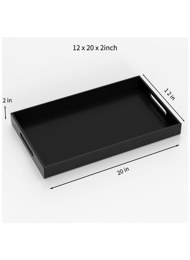 Acrylic Serving Tray 12x20 Inches -Spill Proof- Black Decorative Tray Organiser for Ottoman Coffee Table Countertop with Handles