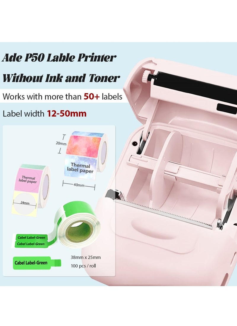 P50S Label Maker Machine with Tape Barcode Label Printer Mini Portable Bluetooth Thermal Labeler for Address Clothing Name Price Tags Retail Barcode Small (Pink with 1 Roll Label)