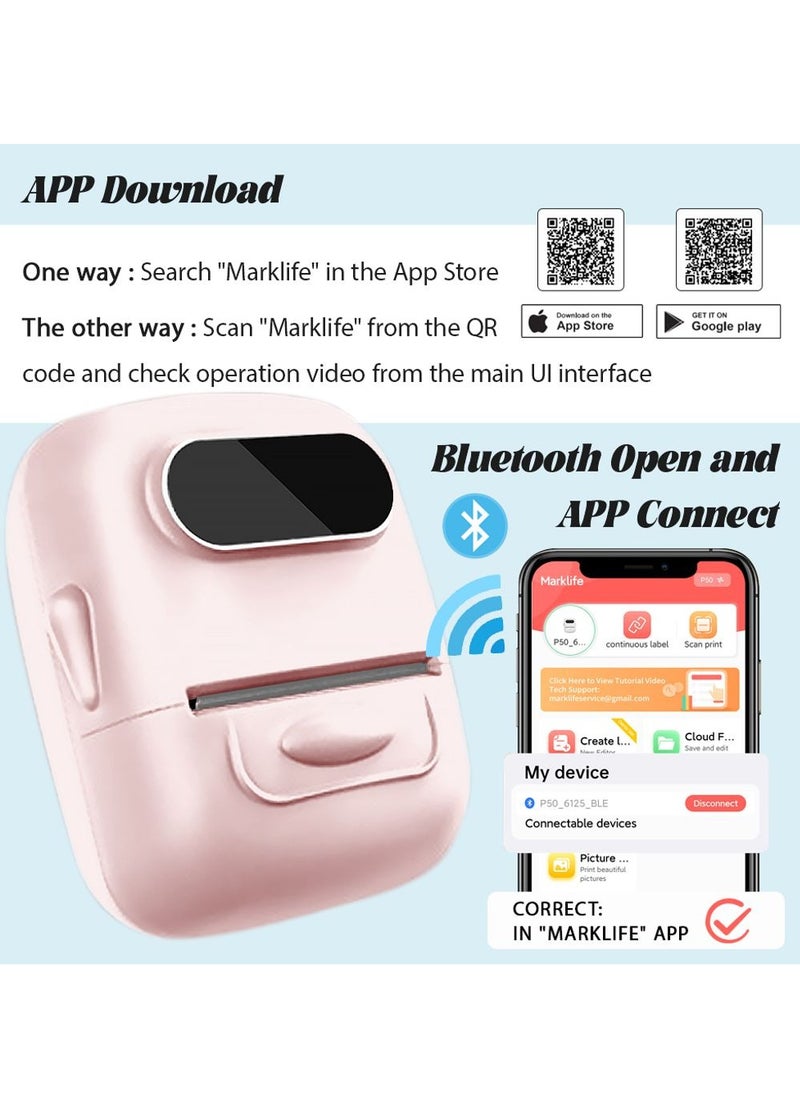 P50S Label Maker Machine with Tape Barcode Label Printer Mini Portable Bluetooth Thermal Labeler for Address Clothing Name Price Tags Retail Barcode Small (Pink with 1 Roll Label)