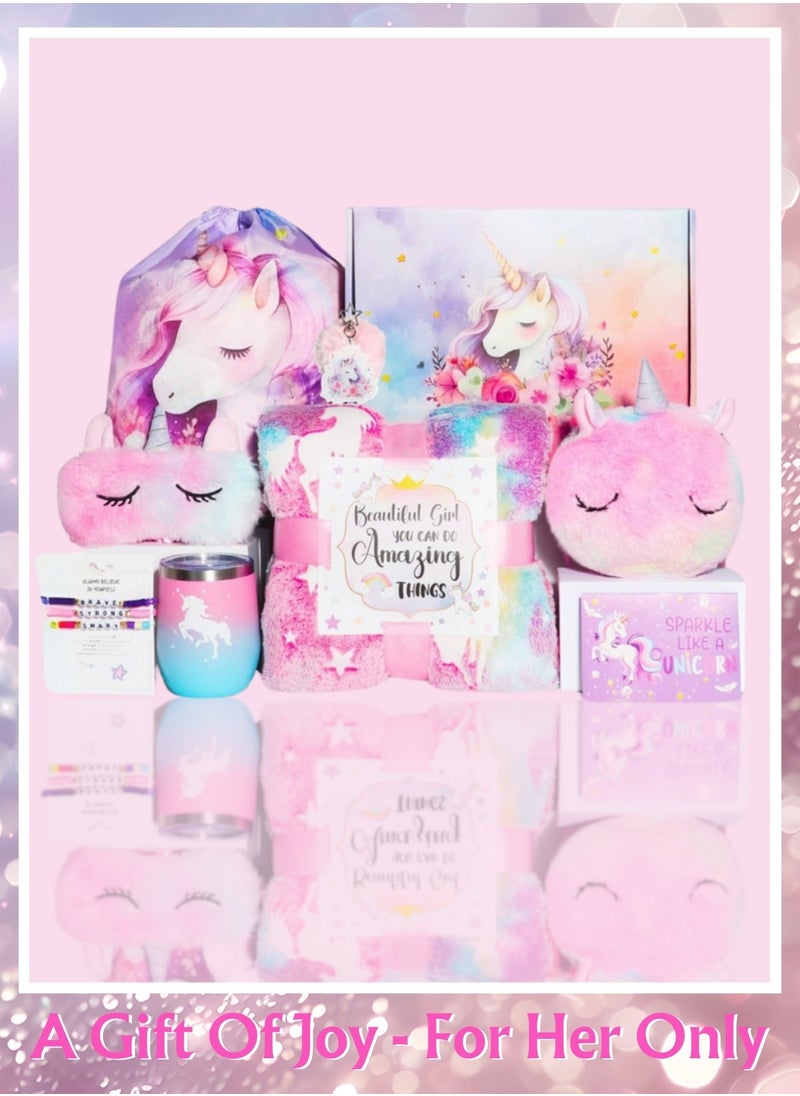 Unicorn-Themed Gifts Set For Girls 11PCS Unicorn Blanket Crossbody Bag Backpack Eye Mask and Bracelets For Girls Teenagers Sisters Birthday New Year Gift Box