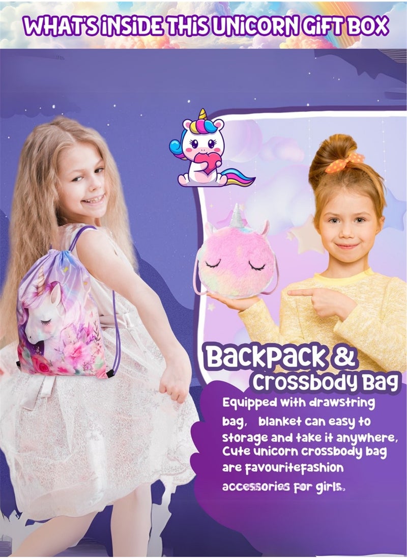 Unicorn-Themed Gifts Set For Girls 11PCS Unicorn Blanket Crossbody Bag Backpack Eye Mask and Bracelets For Girls Teenagers Sisters Birthday New Year Gift Box