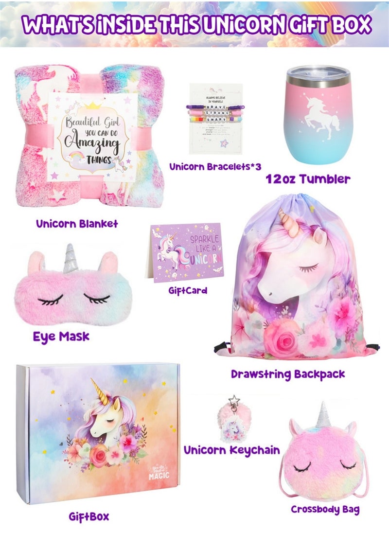 Unicorn-Themed Gifts Set For Girls 11PCS Unicorn Blanket Crossbody Bag Backpack Eye Mask and Bracelets For Girls Teenagers Sisters Birthday New Year Gift Box