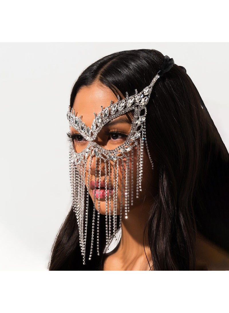 Halloween Rhinestone Tassel Mask Costume Accessory Silver