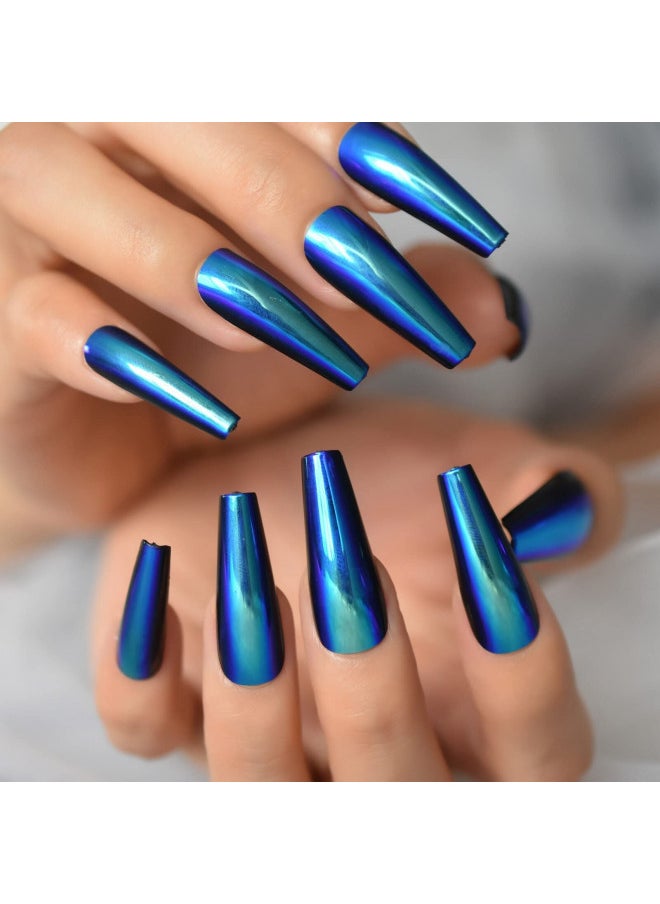 Chrome Metallic Fake Nails Set Mirror Extra Long Press On Nails Coffin Ballerina Blue Acrylic False Nail Art Tips For Women