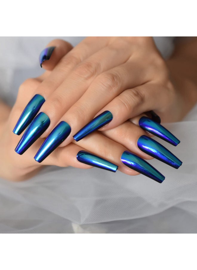 Chrome Metallic Fake Nails Set Mirror Extra Long Press On Nails Coffin Ballerina Blue Acrylic False Nail Art Tips For Women