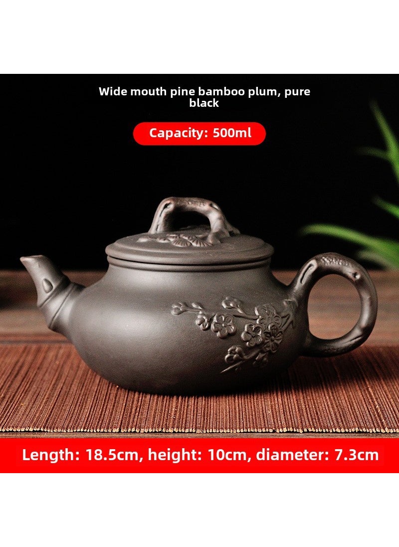 Large 400ml Clay Teapot for Daily Use Wide mouth Pine Bamboo Plum pot (pure black)