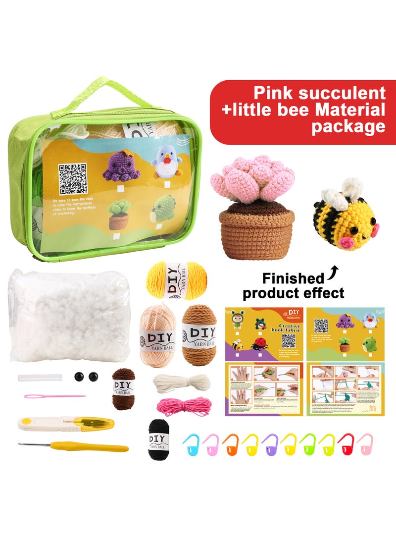 1 x 5 pcs Crochet Kit DIY Tools for Beginners Pink succulent + bee