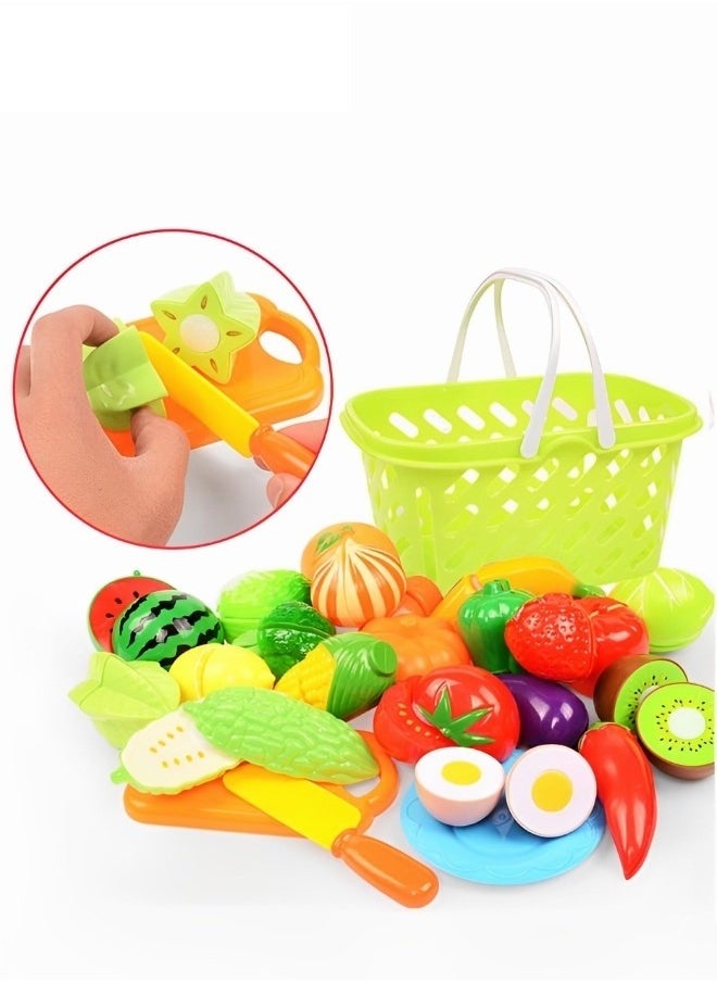 37Pcs Pretend Play Food Toys Sets for Kids Kitchen Pizza Toy Food & Cutting Fake Fruits & Vegetables with Storage Basket for Toddlers Boys Girls Birthday Gift