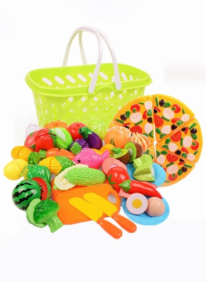 37Pcs Pretend Play Food Toys Sets for Kids Kitchen Pizza Toy Food & Cutting Fake Fruits & Vegetables with Storage Basket for Toddlers Boys Girls Birthday Gift