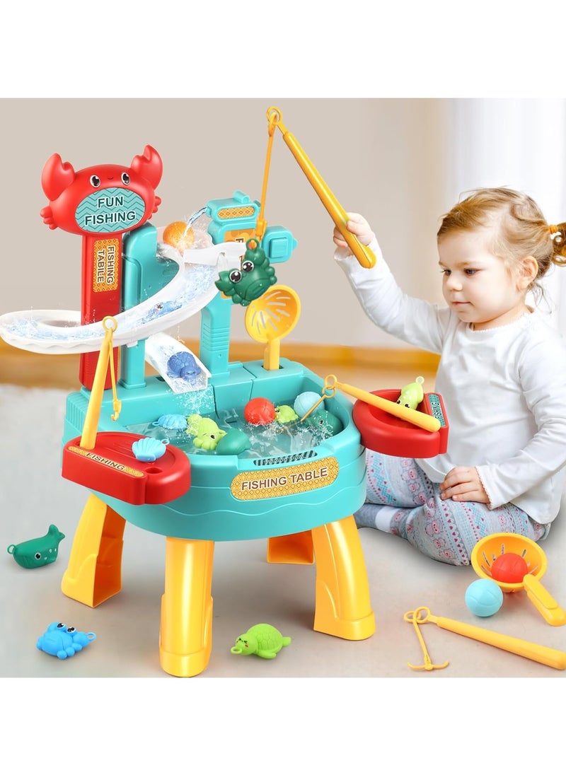 30 PCS Toddler Water Table with  Electric slide fishing platform Automatic Water Circulation System, Mini Water Play Table with Floating Pool Toys & Fishing Game, Interactive Bath Toys for Kids Toddlers Birthday Gift Presents