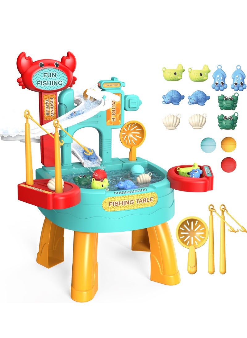 30 PCS Toddler Water Table with  Electric slide fishing platform Automatic Water Circulation System, Mini Water Play Table with Floating Pool Toys & Fishing Game, Interactive Bath Toys for Kids Toddlers Birthday Gift Presents