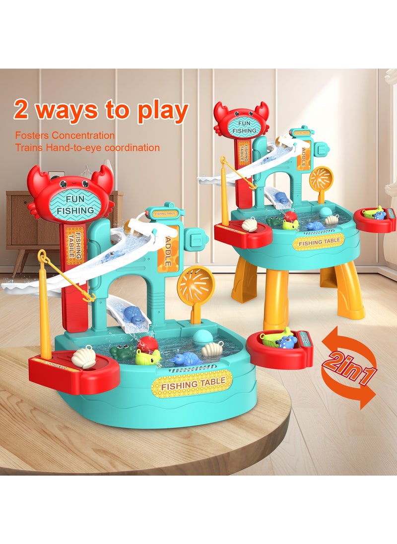 30 PCS Toddler Water Table with  Electric slide fishing platform Automatic Water Circulation System, Mini Water Play Table with Floating Pool Toys & Fishing Game, Interactive Bath Toys for Kids Toddlers Birthday Gift Presents